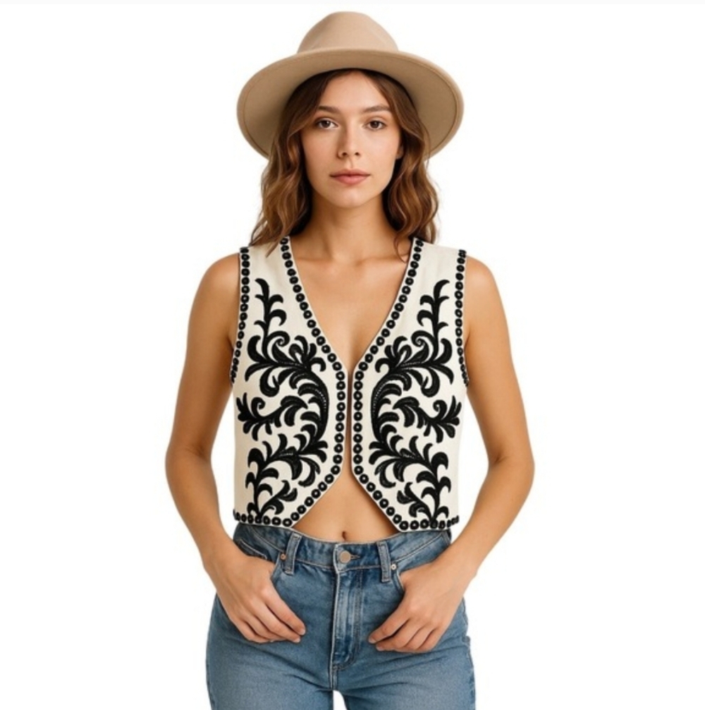 Q2 Black Embroidered Vest Western Boho Festival Sleeveless Top Cotton Size S